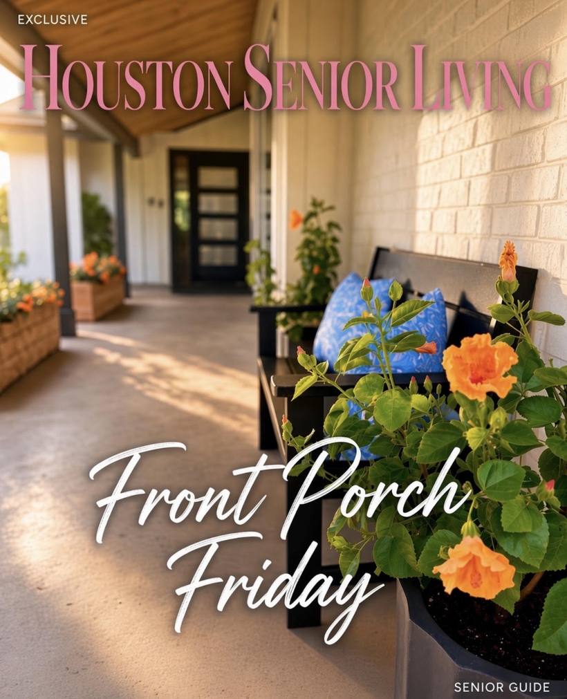 Front Porch Friday cover — a sunlit Houston front porch with a bench, blue cushion and orange hibiscus in bloom.