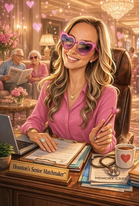 Kays Hoff, Houston's Senior Matchmaker, at her desk in pink heart-shaped sunglasses.